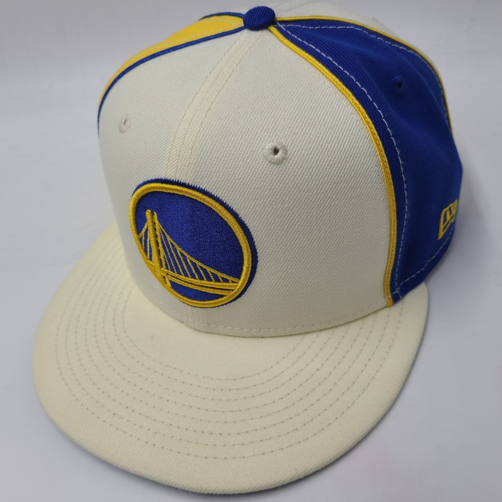 Golden State Warriors Hat Fitted 7 5/8 New Era 59Fifty Cream Blue Yellow NBA Men
